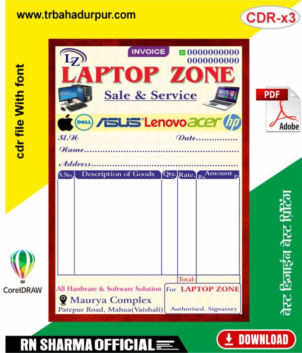Laptop Shop Bill Book CDR & PDF