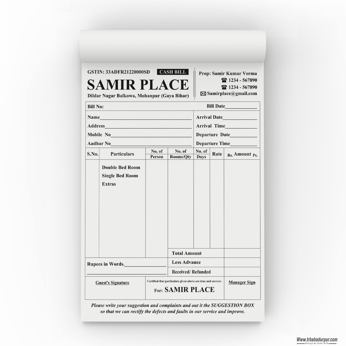 SAMIR PLACE/ HOTEL/ LODGE INVOICE BILL BOOK