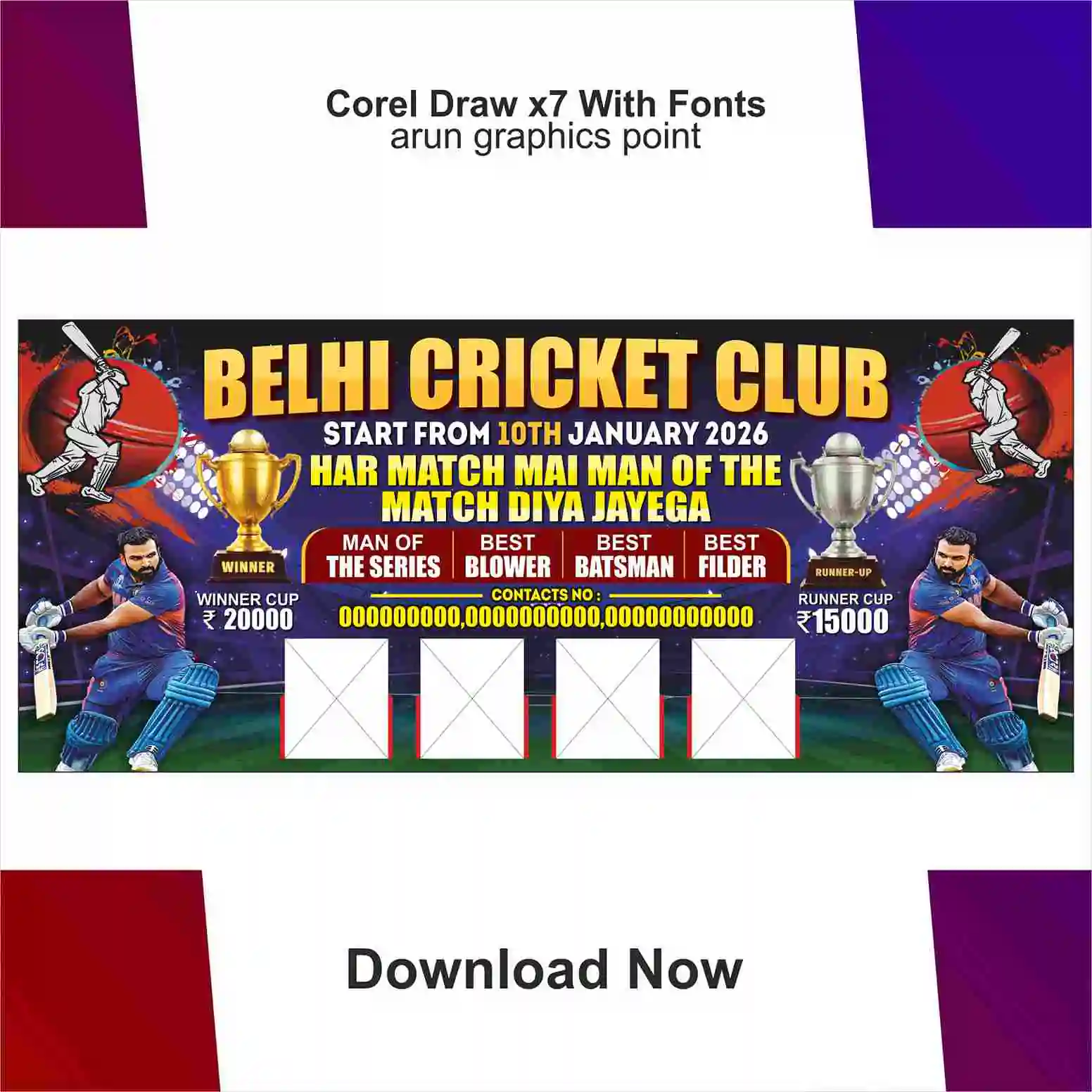 Belhi Cricket Club banner design with fonts